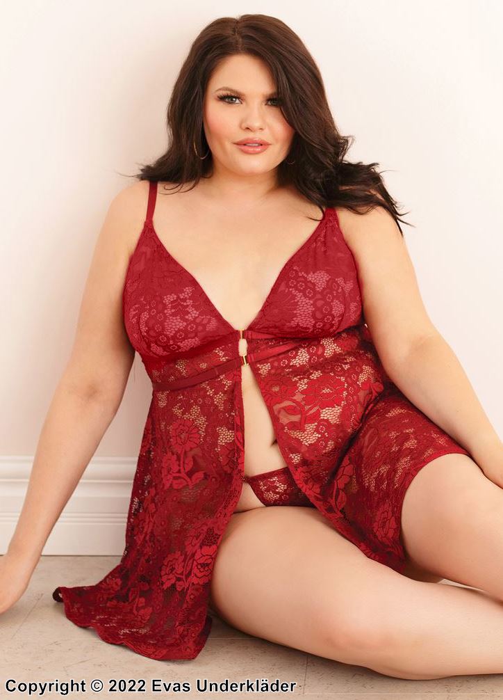 Romantisches Babydoll, Stretch-Spitze, Triangel-Körbchen, Blumen, Plus Size